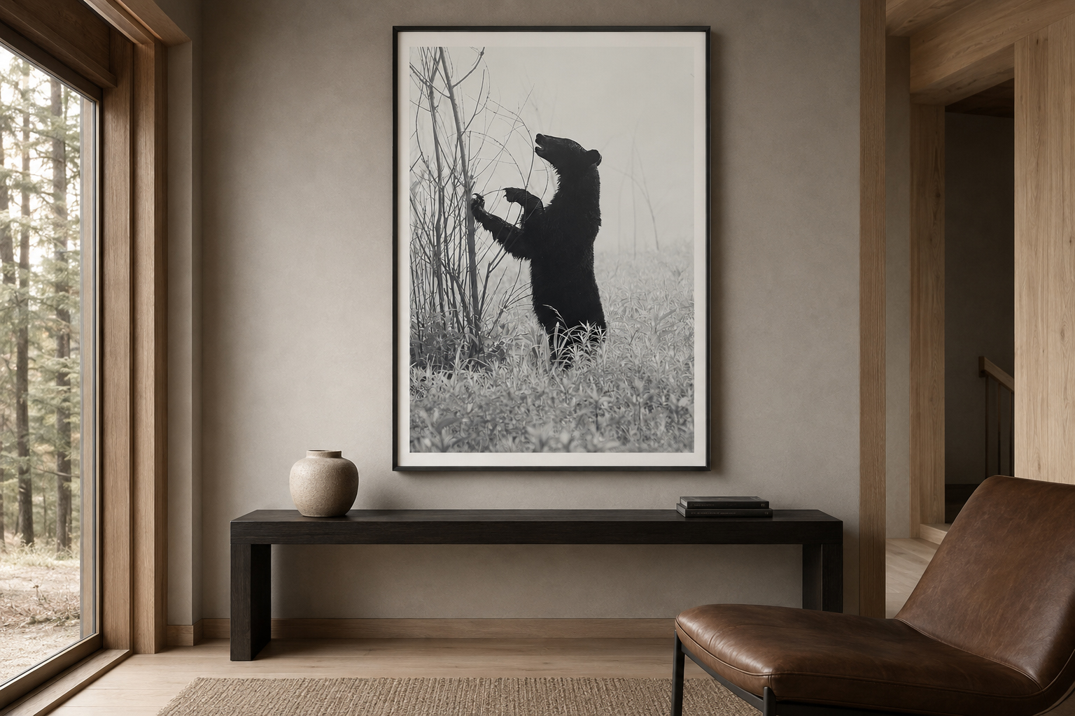 Tall framed black-and-white photograph of a bear standing in fog above a console in a modern entryway